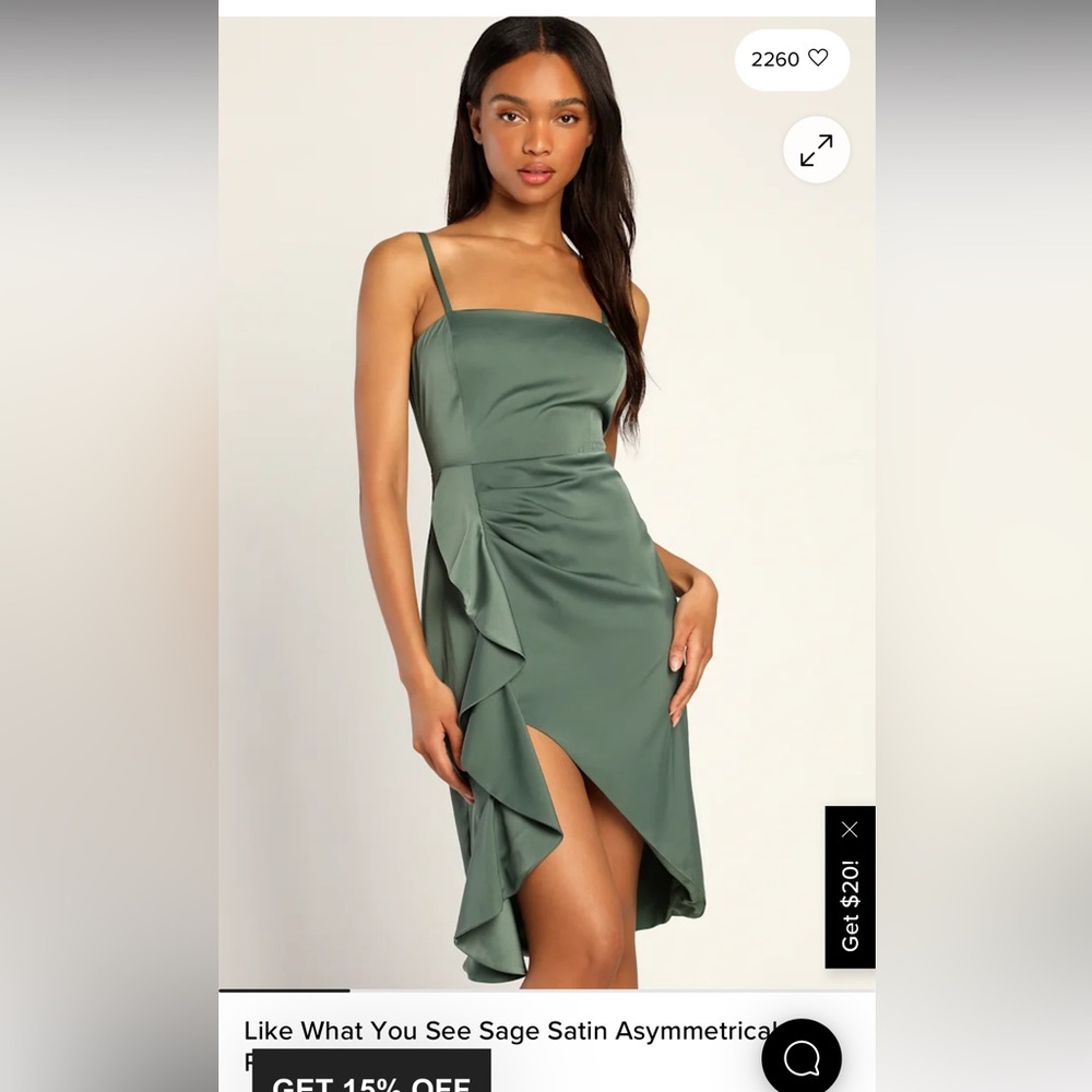 Lulu's Sage Asymmetrical satin Dress “like what you see”